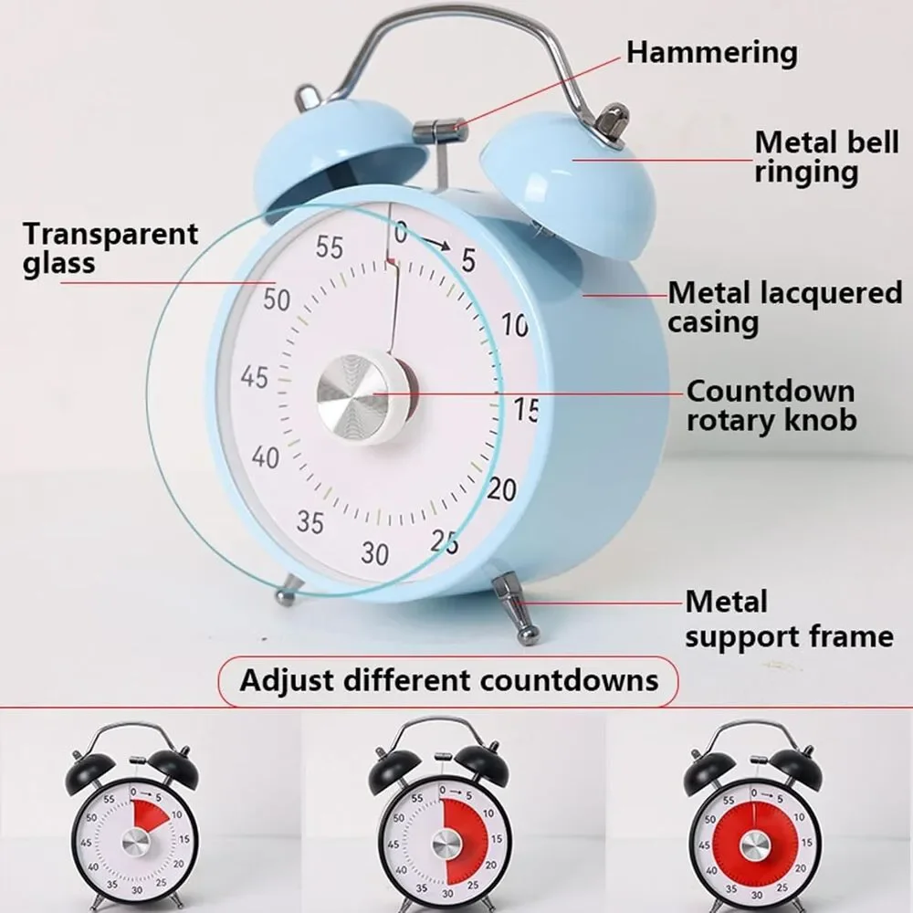 60 Minute Visual Timer Analog Countdown Clock Loud Bell Alarm Blue No Ticking